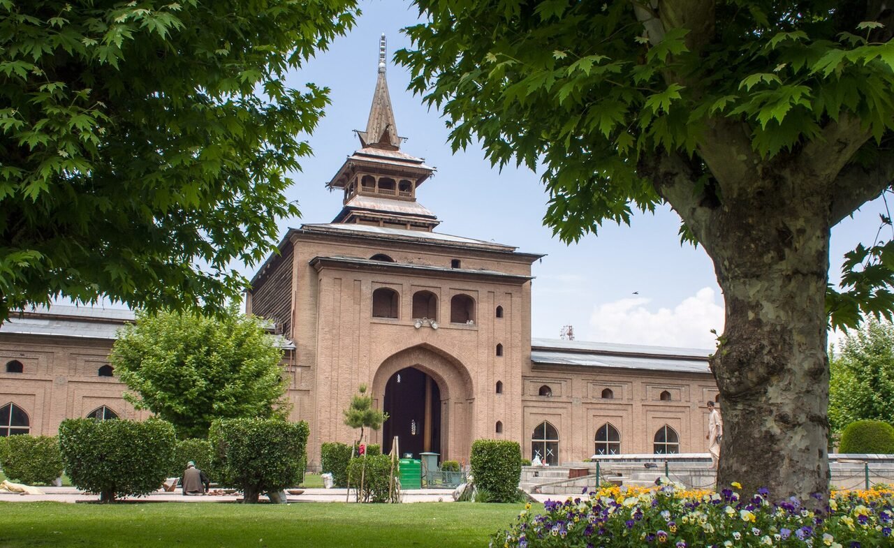 The courtyard and arched prayer hall of Jama Masjid in Srinagar