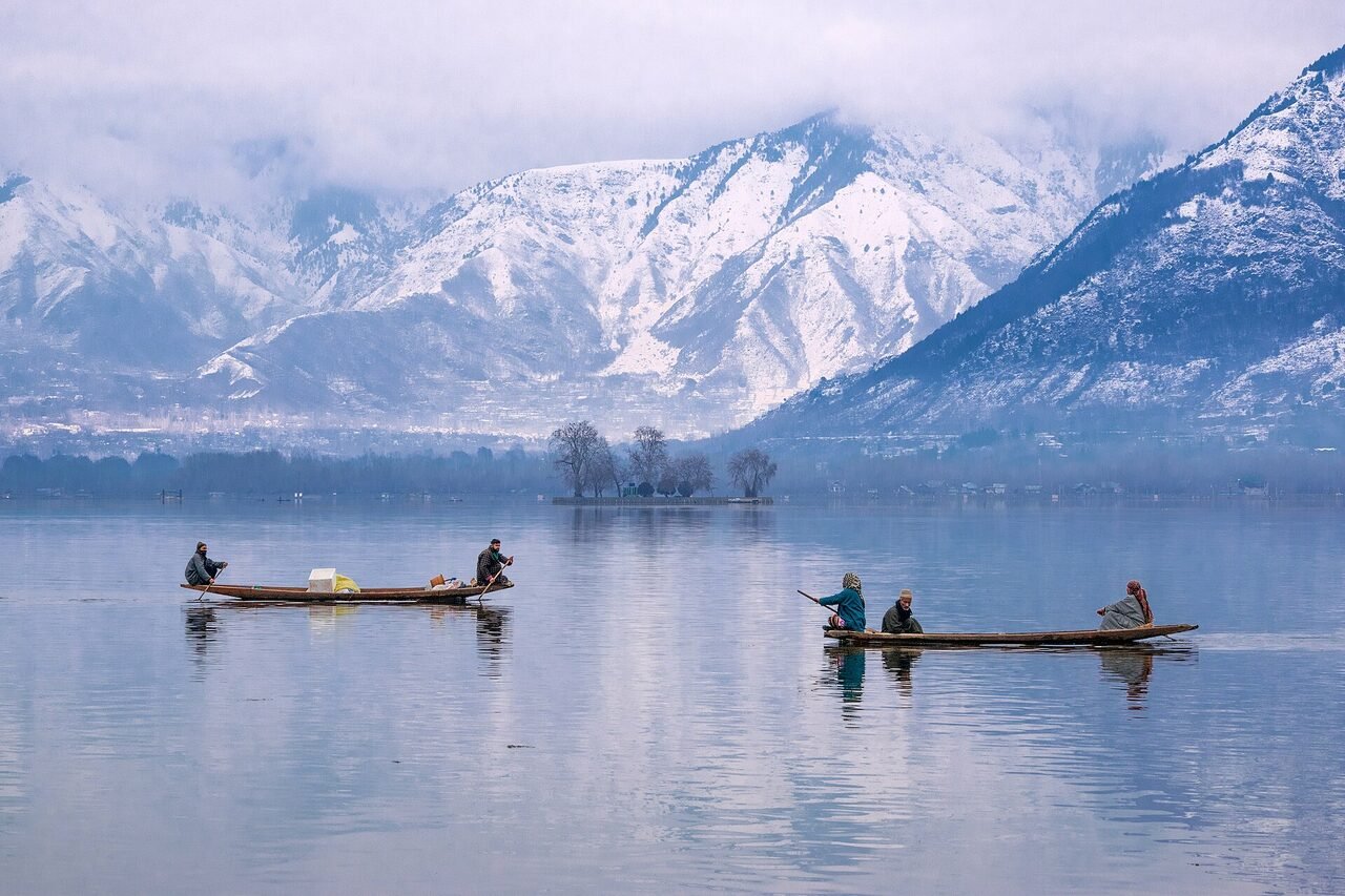 Dal Lake with houseboats and the Zabarwan hills