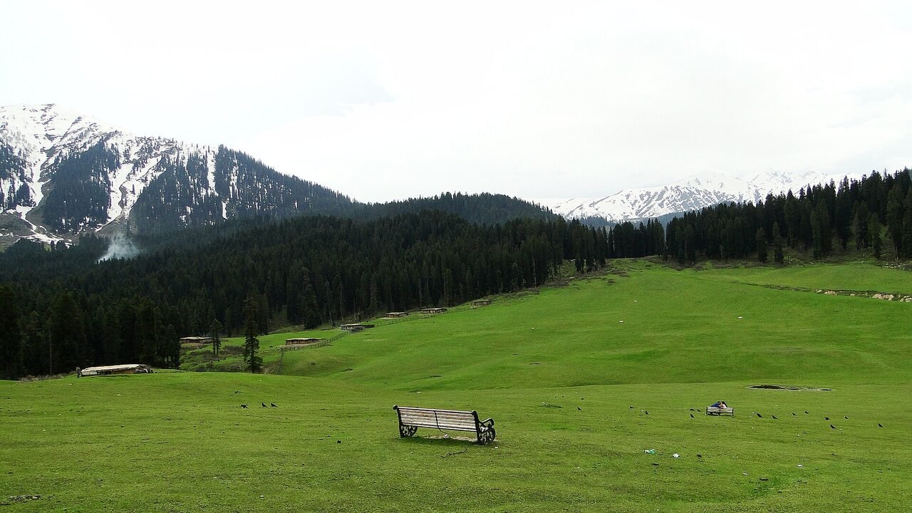 A wooden bench facing a green meadow and forested hills at Doodhpathri