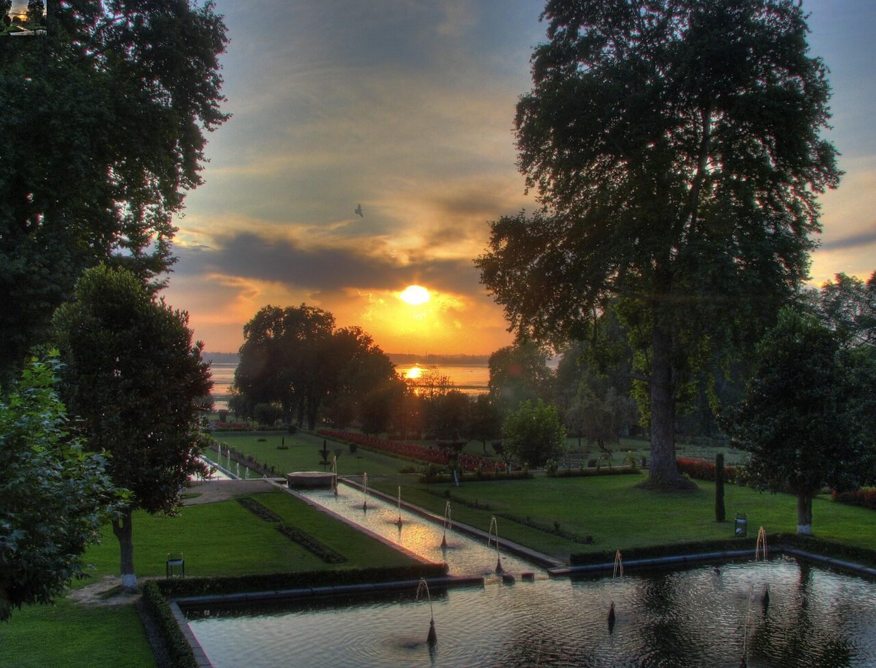 Sunset light on the terraces of Nishat Bagh in Srinagar