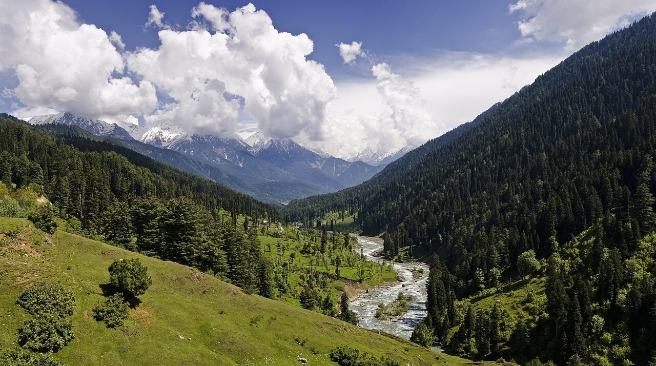 Green Pahalgam valley with pine slopes, a river and clouds sitting on the ridges