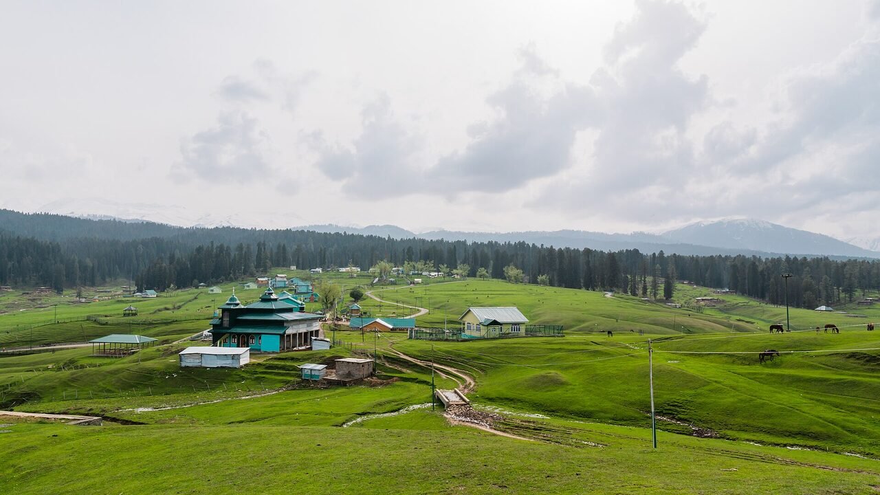 The Yusmarg meadow, a broad green bowl with dark pine slopes around it