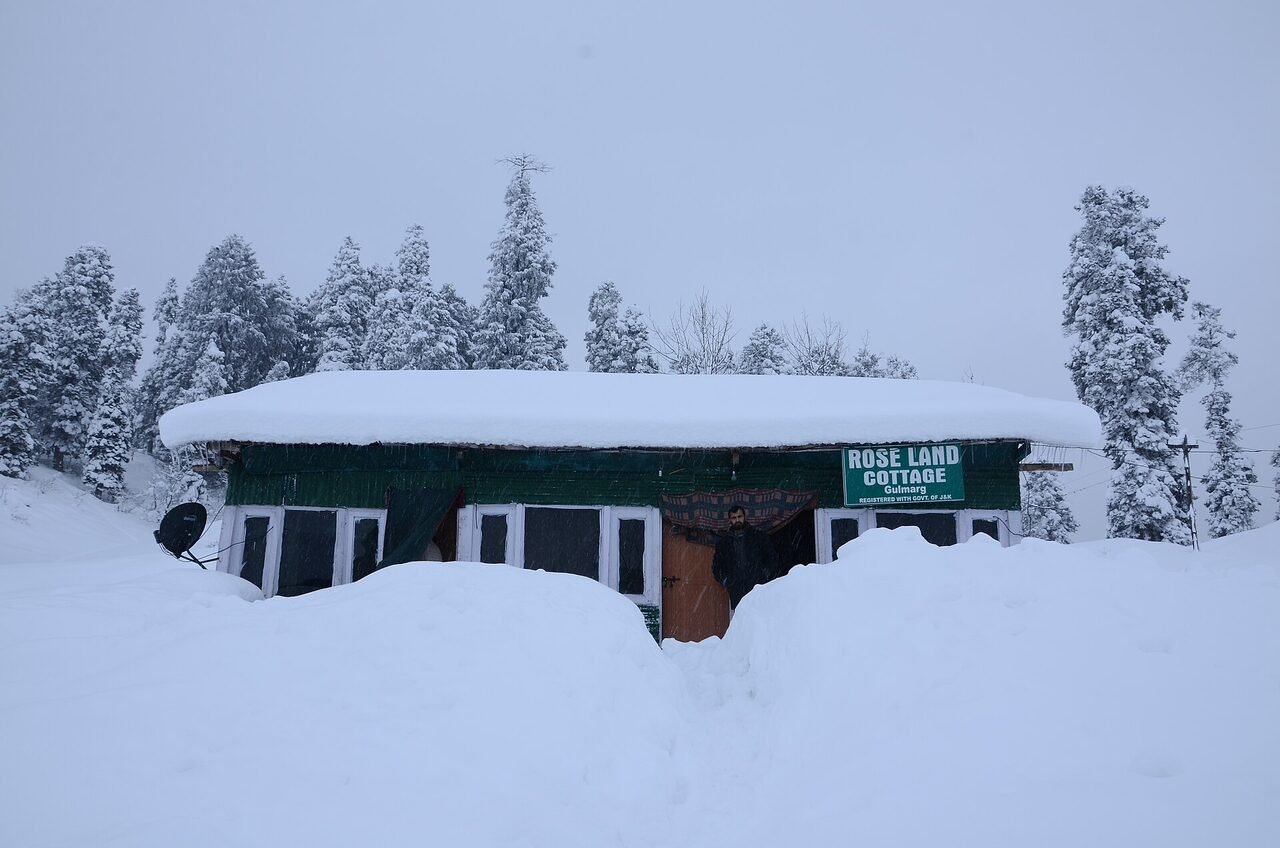 A timber hut with a snow-heavy roof at Gulmarg, pines behind it